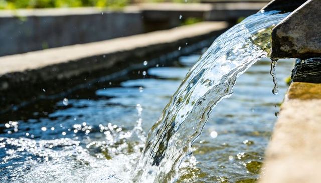 Pouring clear mountain water from stone spout into sunlit trough with sparkling splashes