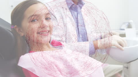 Smiling Girl at Dental Clinic with Digital Network Overlay