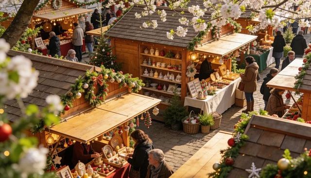 Sunlit christmas market stalls selling handcrafted ornaments under blossom trees
