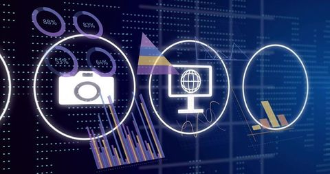 Holographic dashboard displaying neon camera and monitor icons with analytics gauges