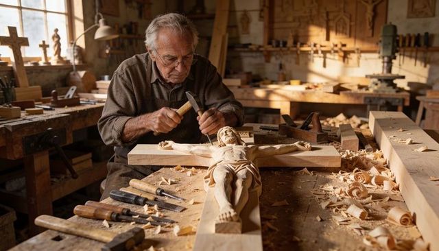Senior woodcarver carving detailed crucifix on workbench surrounded by wood shavings and hand tools