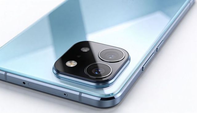 Light blue smartphone rear camera close-up highlighting dual lenses glossy metallic finish