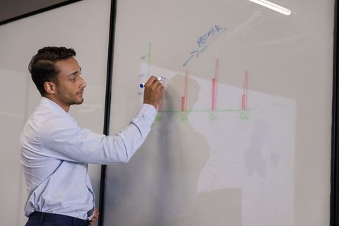 Professional delivering presentation drawing growth charts on glass whiteboard