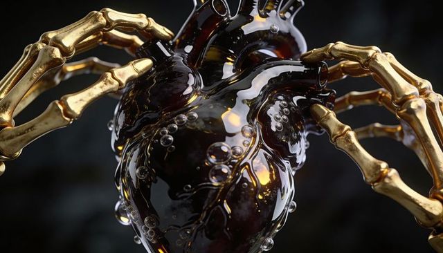Golden skeletal hands grasping glossy dark heart with bubbles, surreal metallic anatomy