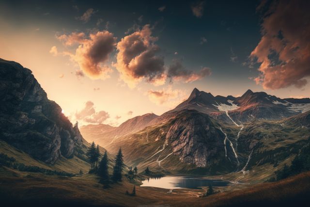 This stunning image portrays a majestic mountain landscape at sunset, with dramatic clouds and golden light illuminating the peaks. A tranquil lake reflects the surrounding scenery, creating a peaceful ambiance perfect for depicting serenity and natural beauty. Ideal for travel blogs, nature magazines, outdoor adventure promotions, and backgrounds for presentations.