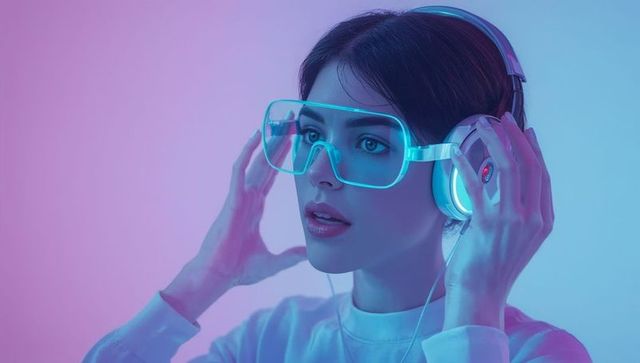 Futuristic neon portrait of woman wearing led glasses and headphones in cyan-pink light