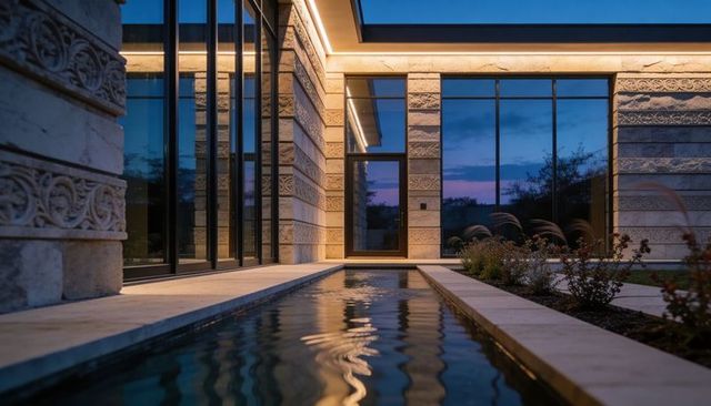 Twilight courtyard with reflecting pool drawing eye to glass entrance and led stone facade