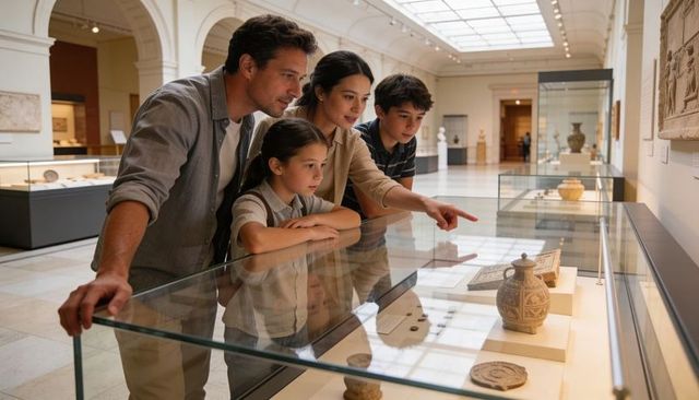 Family exploring museum exhibit pointing at ancient ceramic urn under skylight