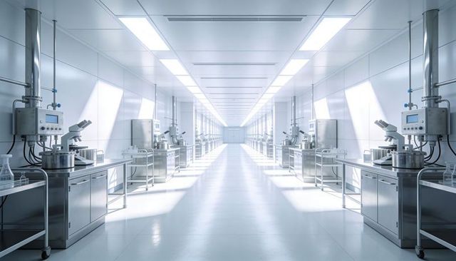 Futuristic sterile cleanroom corridor with stainless workbenches and bright linear lighting