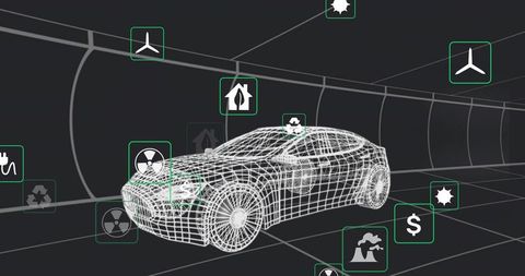 Futuristic wireframe sedan with green energy icons