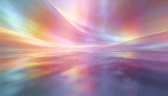 Iridescent Pastel Horizon Over Glossy Reflective Plane with Surreal Aurora Gradient
