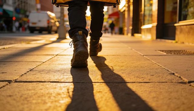 Urban pedestrian walking at golden hour wearing lace-up boots and mustard messenger bag