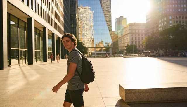 Young man walking through sunlit urban plaza with backpack and reflective glass tower