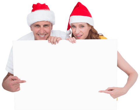 Joyful christmas couple presenting transparent poster