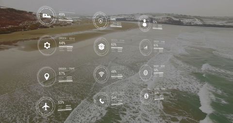 Digital data interface overlay on remote coastal scenery
