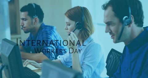 Call center team celebrating international workers day