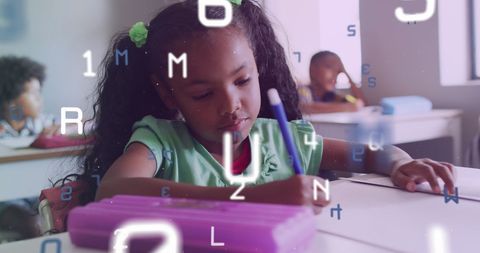 Concentrating Biracial Schoolgirl in Classroom with Overlapping Letters and Numbers - Download Free Stock Images Pikwizard.com