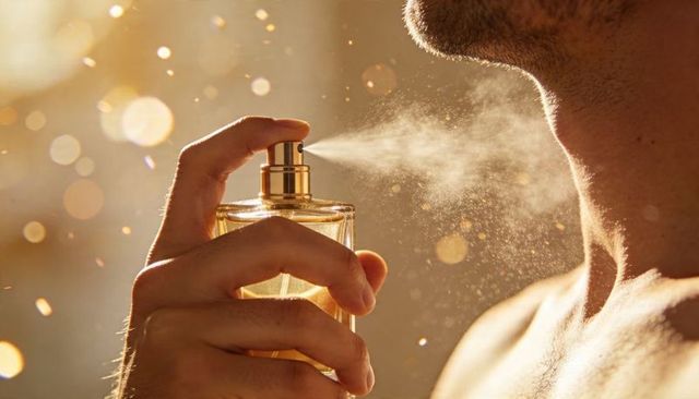 Bare-chested man spraying golden cologne on neck with backlit mist and cinematic bokeh
