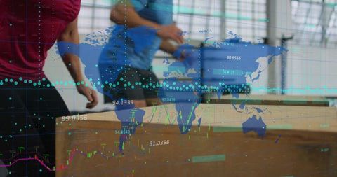 Partners jumping onto plyo box with global data overlay, dynamic fitness training