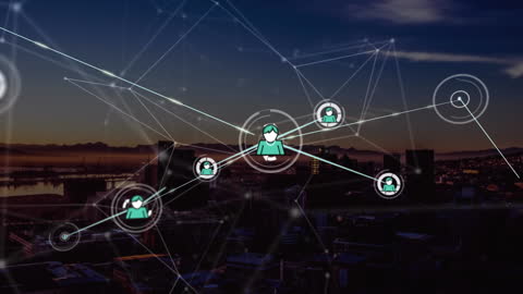 Connected Network Overlay in Cityscape at Dusk