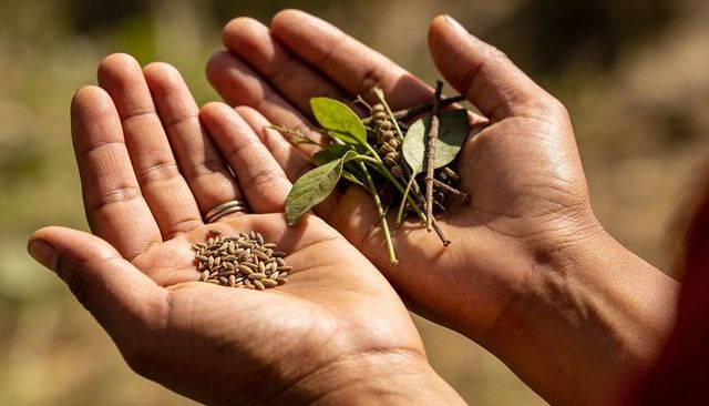 Sunlit hands holding seeds and green cuttings for planting, regrowth, organic gardening