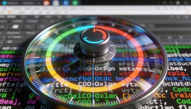 Knurled metallic control dial reflecting colorful code on laptop keyboard, neon concentric ui