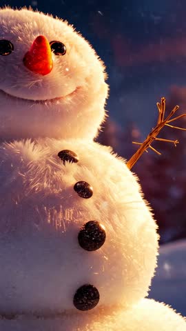 Pulling back camera revealing smiling snowman in snowy forest clearing at golden dusk