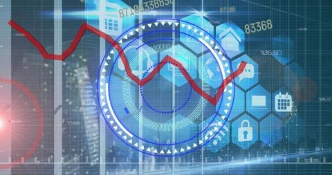 Futuristic digital interface with data analysis and urban backdrop