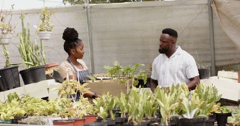 Coworkers engaging at greenhouse potting bench for sustainable gardening