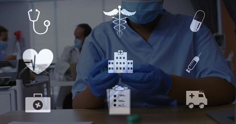 Nurse wearing mask and nitrile gloves reviewing patient chart with medical icons overlay