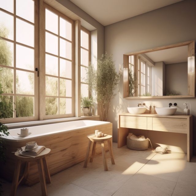Sunny modern bathroom with french windows and view to trees, created using generative ai technology. Contemporary bathroom interior design and natural light concept digitally generated image.
