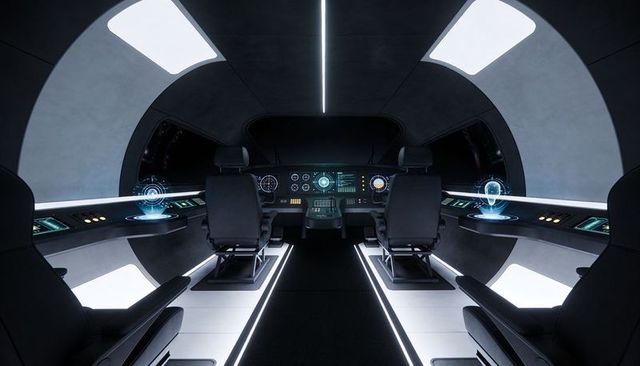 Futuristic spacecraft cockpit with twin pilot seats and holographic displays on sleek command bridge