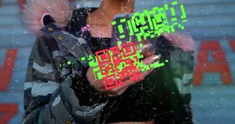 Hipster woman using smartphone with digital qr code overlay