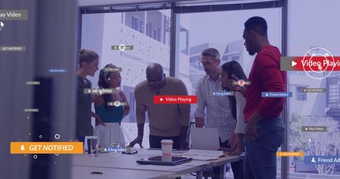 Digital Collaboration with Social Media Overlays in Modern Office - Download Free Stock Images Pikwizard.com