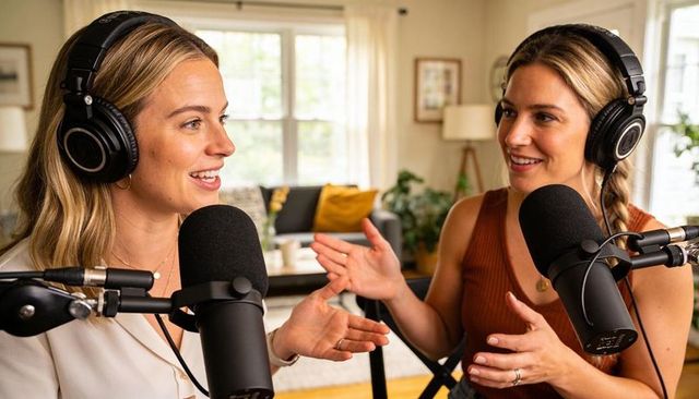 Female cofhosts recording podcast in cozy living room with professional microphones