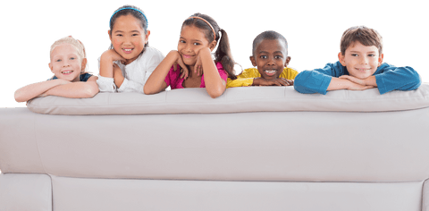 Transparent Diverse Kids Relaxing on Couch with Joy