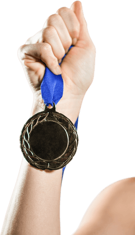 Hand Holding Gold Medal on Blue Ribbon Transparent Background