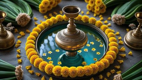 Brass pot and marigold floral arrangement at temple ceremony, vishu festival
