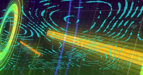 Swirling Cyan Contours Forming Diagonal Amber Band Over Neon Grid With Prismatic Ring