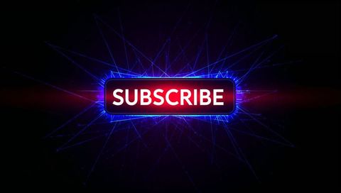 Glowing subscribe button emitting electric-blue halo on cyberpunk dark canvas