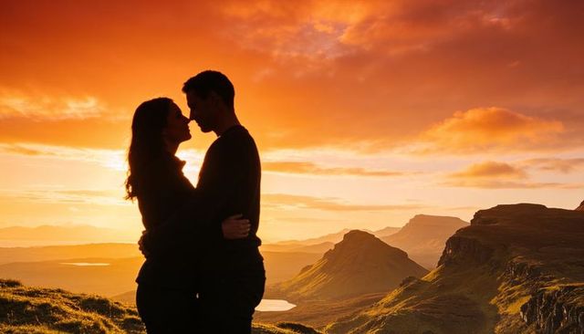Embracing silhouetted couple standing on moorland ridge at golden sunset over dramatic landscape
