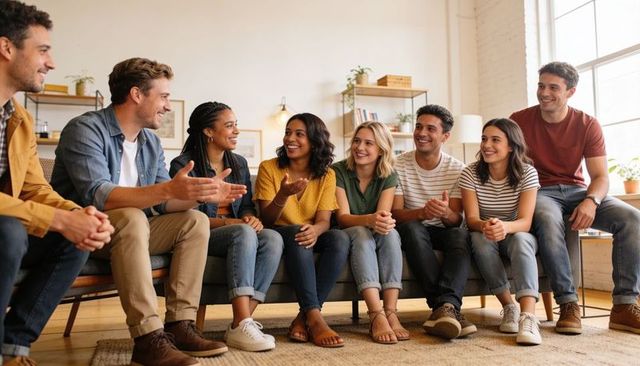 Diverse young adults chatting and laughing on sofa in bright cozy living room