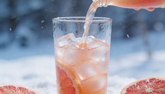 Pouring pink grapefruit cooler into ice-filled tall glass on snow-covered surface