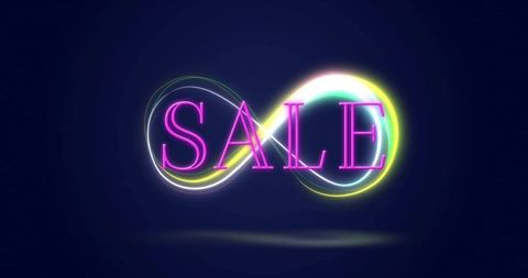 Neon sale text with multicolor infinity light trail and luminous halo on navy blue