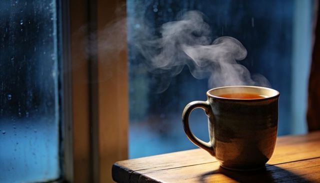 Steaming Rustic Ceramic Mug on Wooden Table by Rain-Soaked Window Evoking Cozy Morning