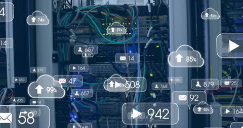 Digital Network Illustration with Social Media Icons Over Server Racks