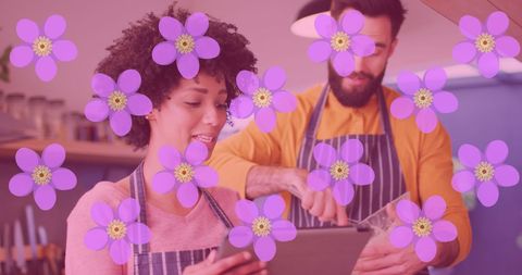 Couple Cooking Joyously Amidst Blooming Flowers Animation
