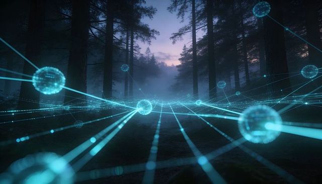 Holographic sensor grid mapping pine forest floor at twilight with glowing cyan nodes
