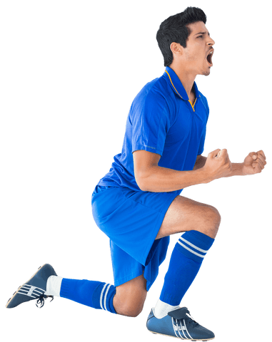 Hispanic Footballer Kneeling and Celebrating in Blue Uniform on Transparent Background