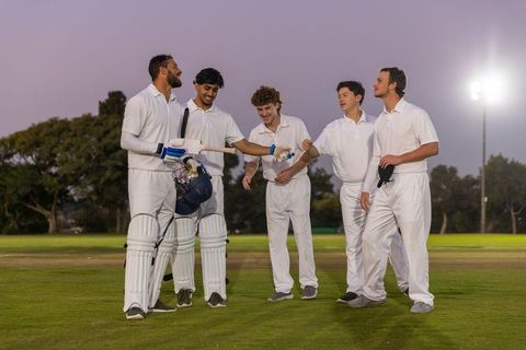 Diverse cricket teammates exchanging fist bump on twilight field, celebrating camaraderie